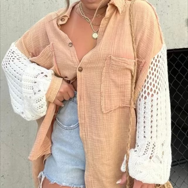 Crochet Sleeve Button Down (Sand)