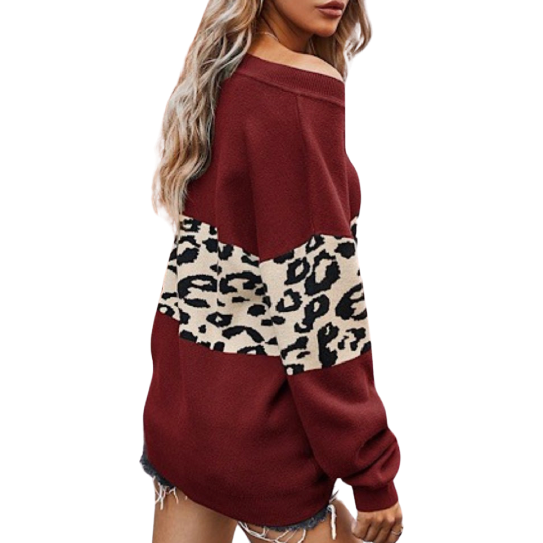 Leopard Block Sweater (Wine)