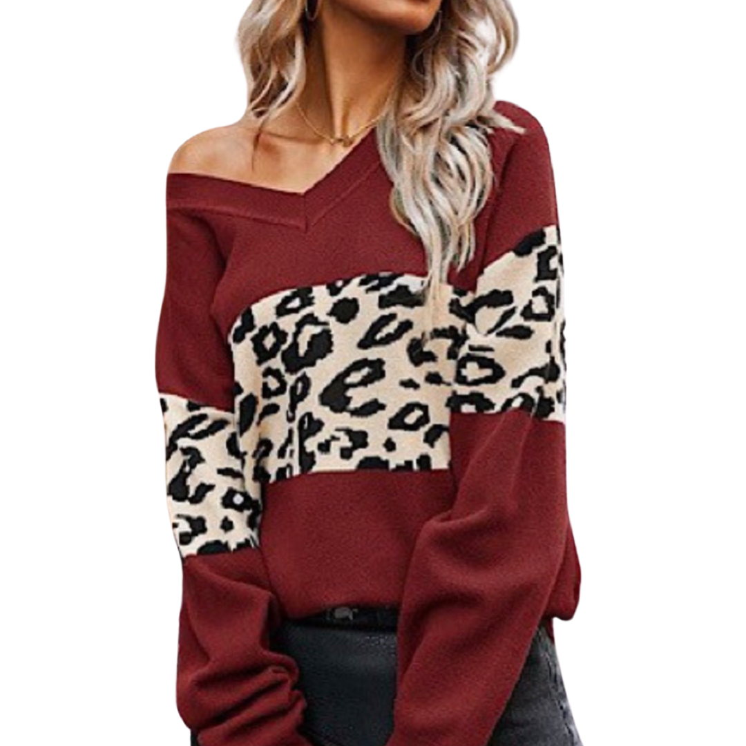 Leopard Block Sweater (Wine)