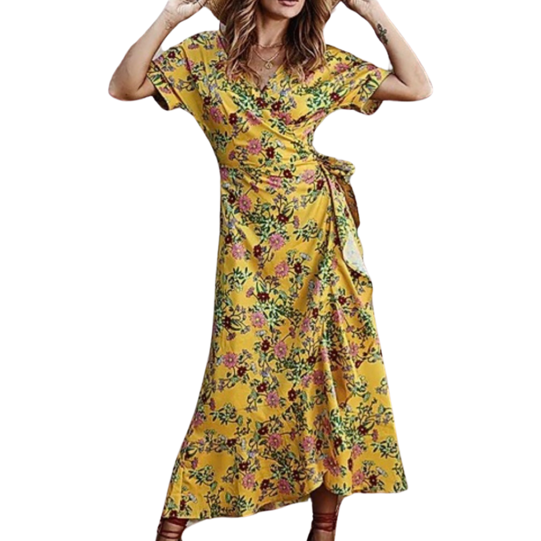 Yellow Floral Wrap Dress