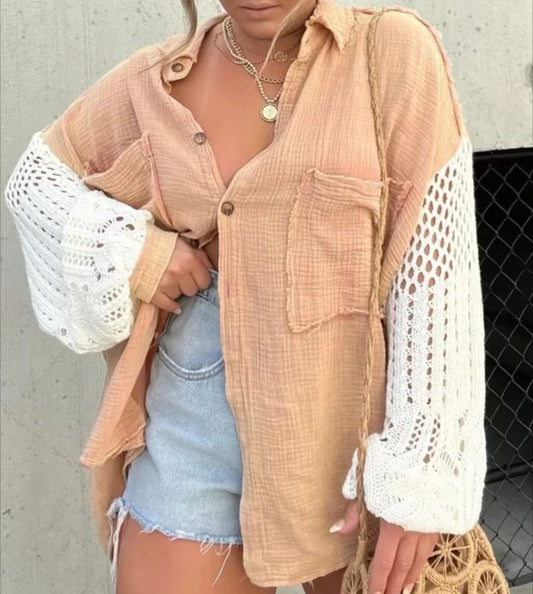 Crochet Sleeve Button Down (Sand)