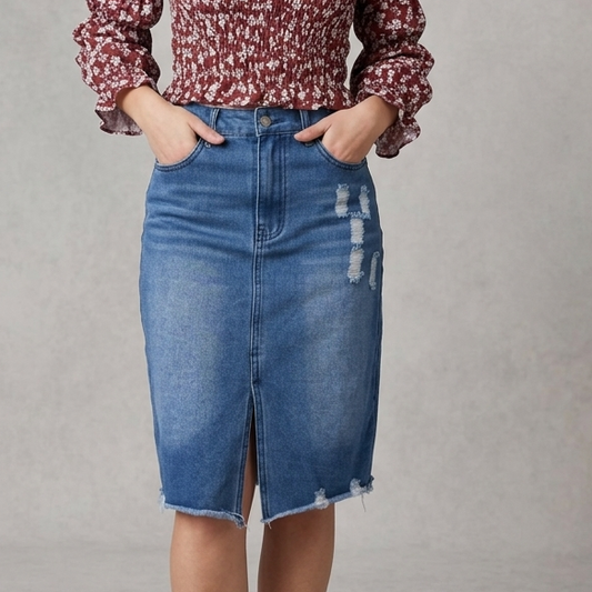Distressed Denim Skirt