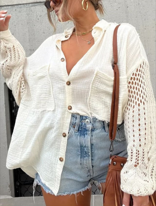 Crochet Sleeve Button Down (White)